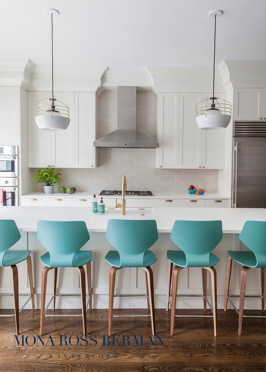 Modern Kitchen Stools
 White KItchen with Modern Turquoise Counter Stools