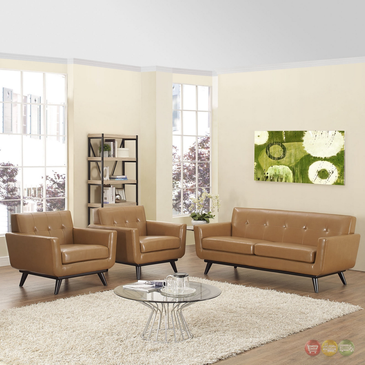 Modern Living Room Set
 Mid Century Modern Engage 3pc Button Tufted Leather Living