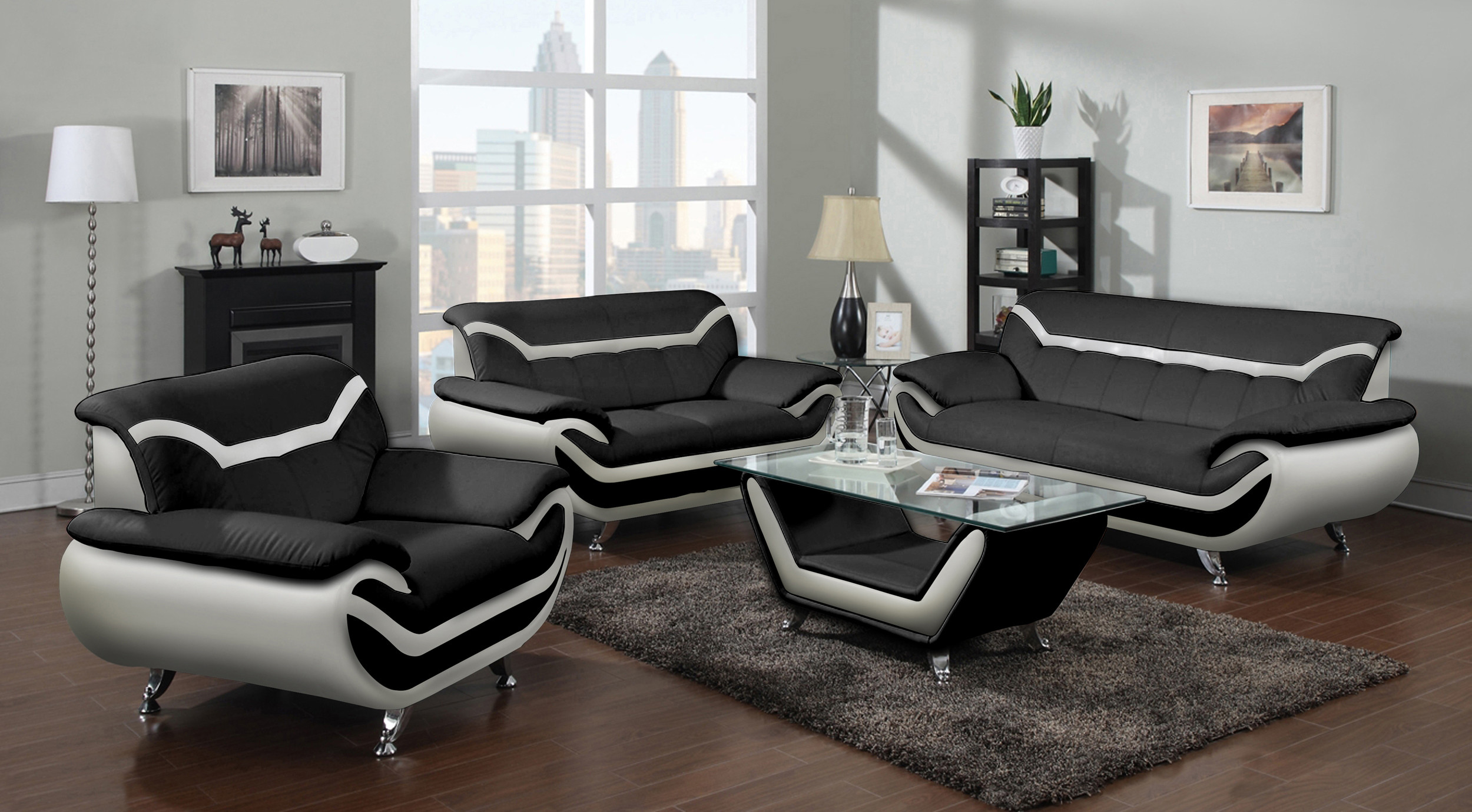 Modern Living Room Set
 715L Black and White Leather Contemporary Living Room Set