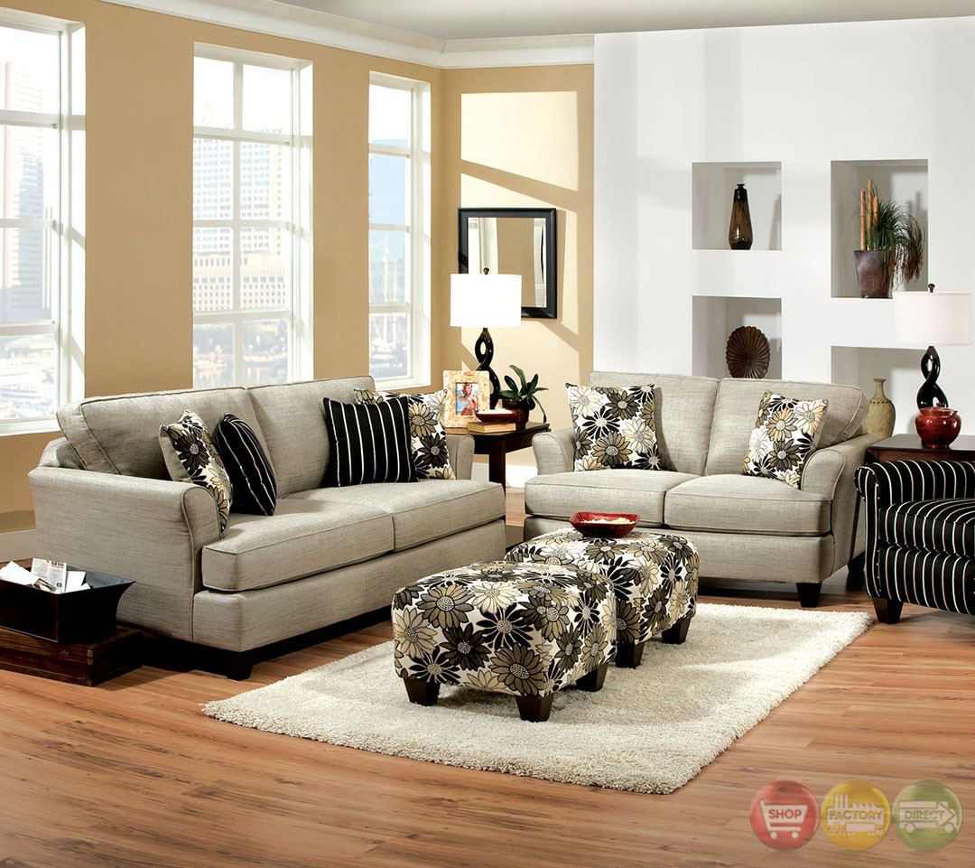 Modern Living Room Set
 Cardiff Contemporary Light Gray and Floral Fabric Living