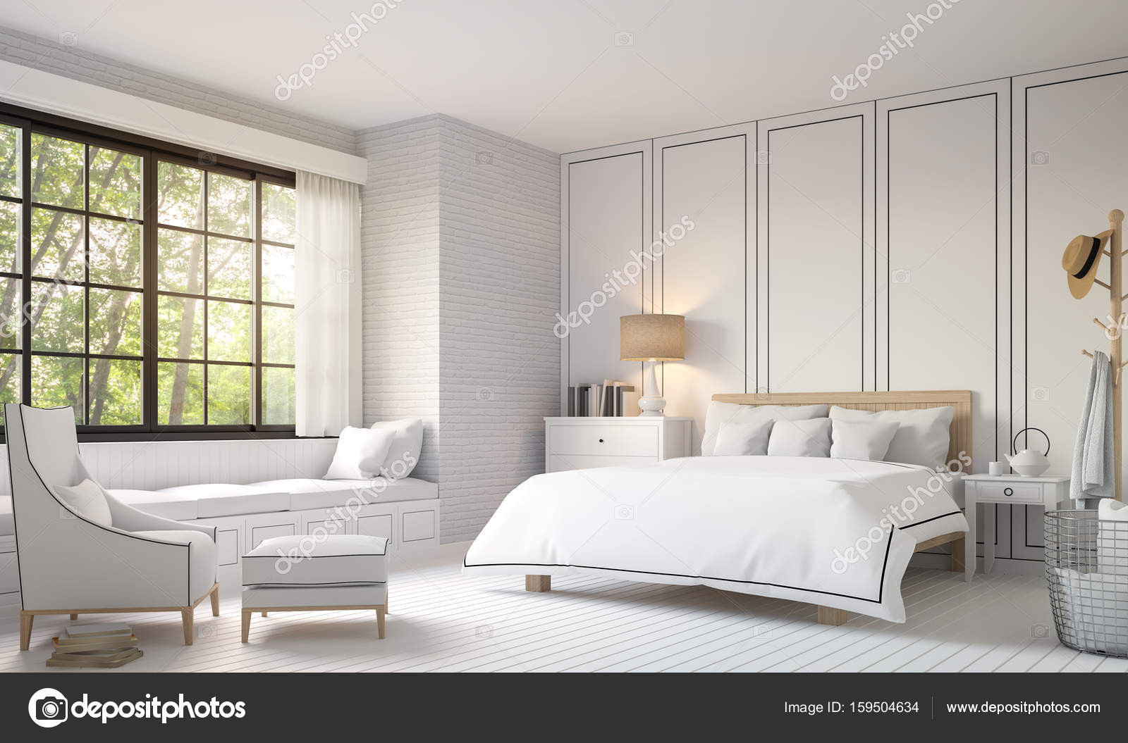 Modern Vintage Bedroom
 Modern vintage bedroom with black and white 3d rendering