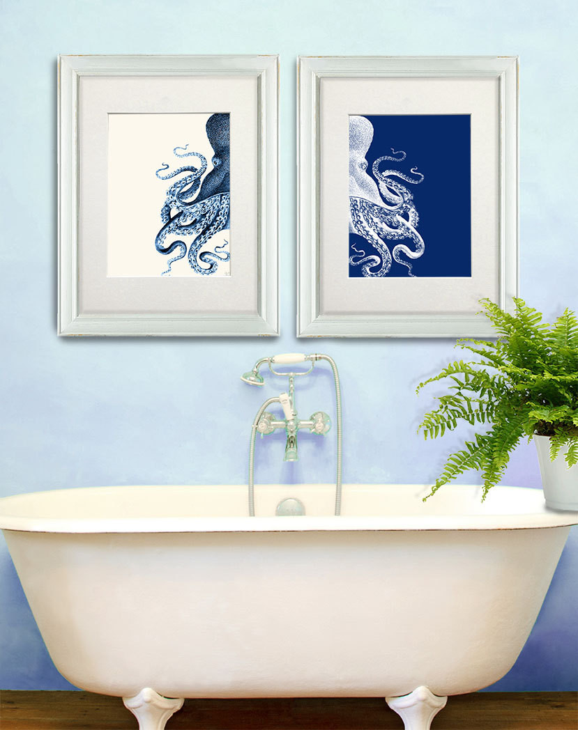 Navy Blue Bathroom Wall Decor
 Bathroom Decor 2 Octopus Prints NAVY Blue Cream by
