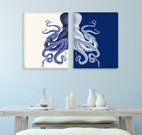 Navy Blue Bathroom Wall Decor
 Bathroom Decor 2 Octopus Prints NAVY Blue Cream Nautical
