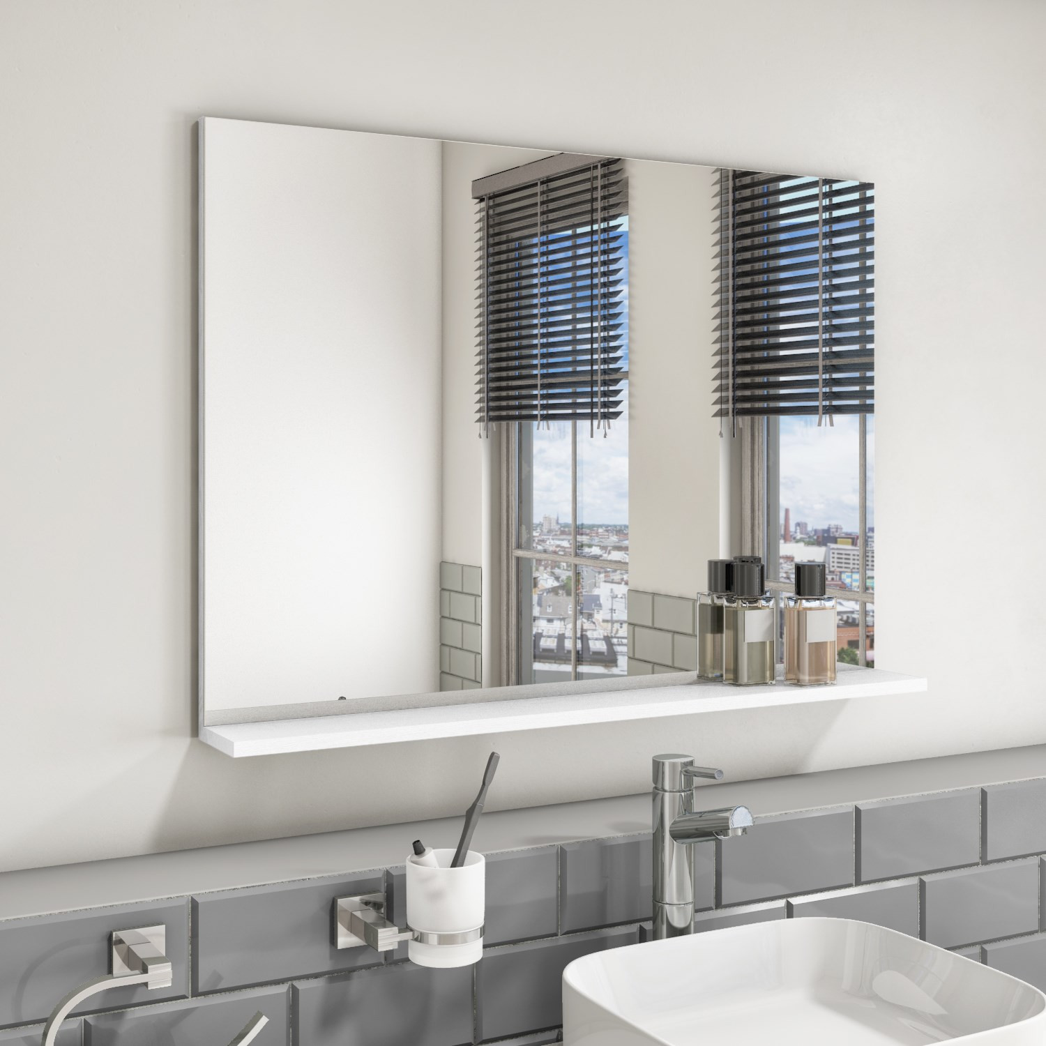Oak Bathroom Mirror
 900mm Wall Mounted White Oak Mirror with Shelf Landscape