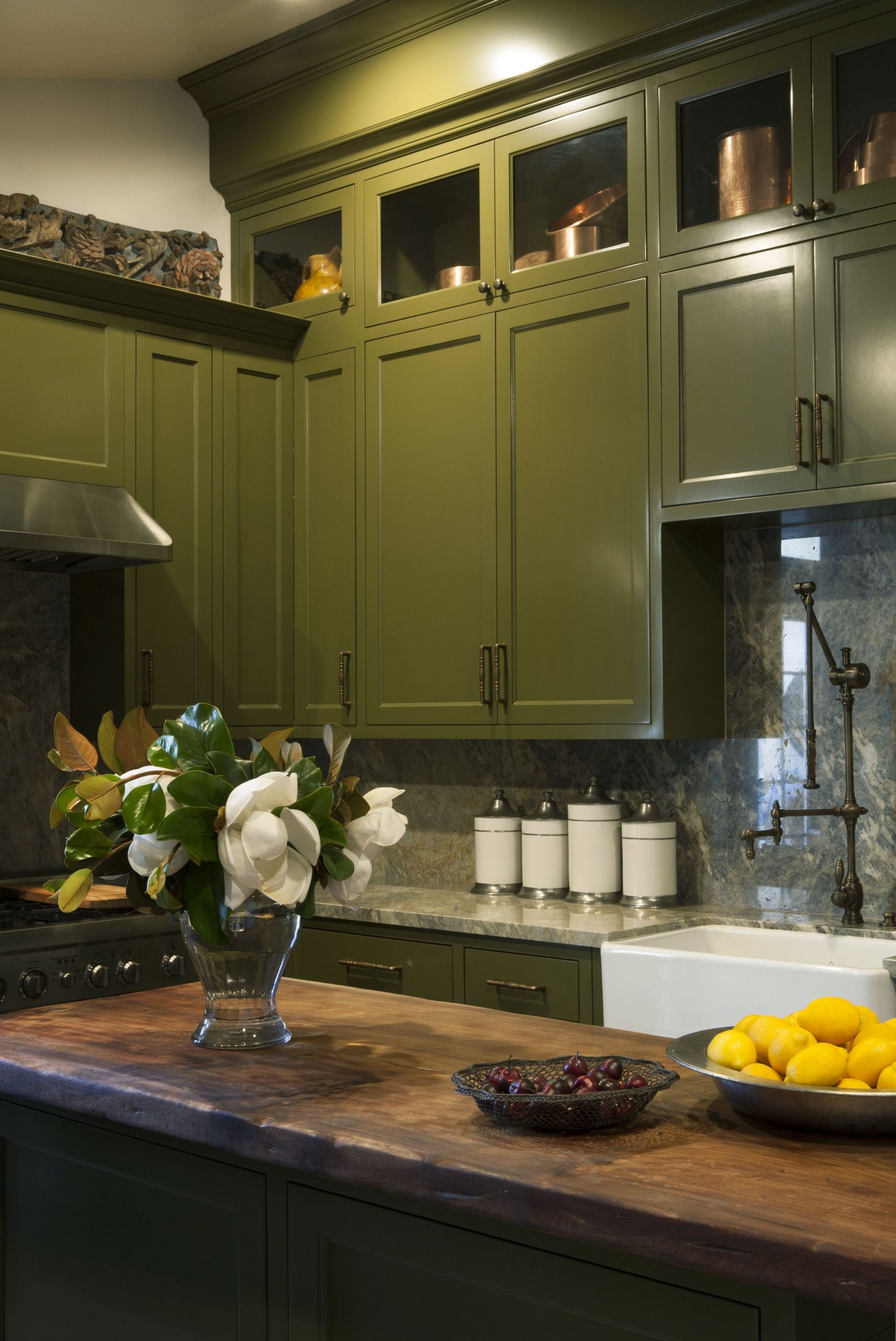 Olive Green Kitchen Walls
 Windowless kitchen with olive green cabinetry