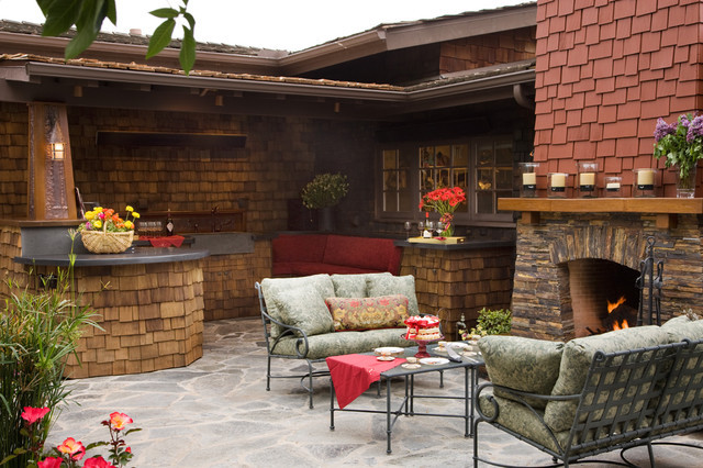Outdoor Kitchen With Fireplace Designs
 Craftsman outdoor kitchen and fireplace Traditional