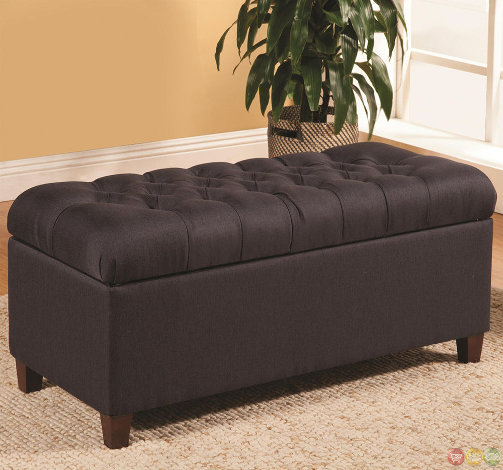 Padded Bench Seat With Storage
 Dark Navy Blue Fabric Upholstered Transitional Ottoman