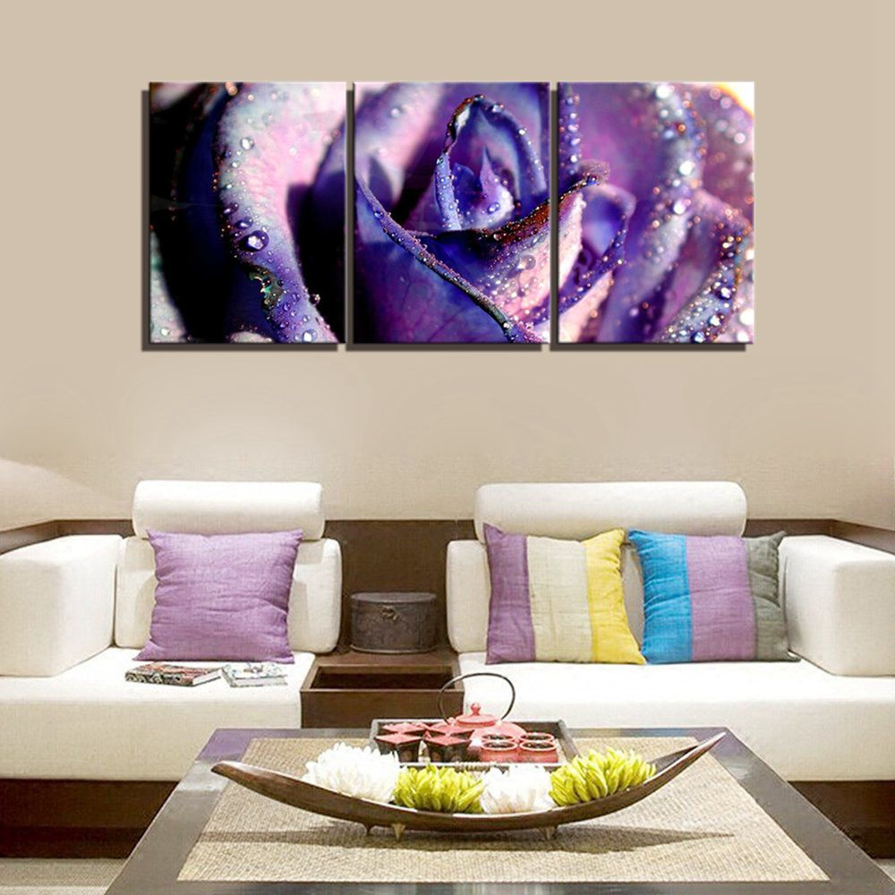 Purple Wall Decor Living Room
 Water Droplets Purple Rose Wall Art Painting Canvas For