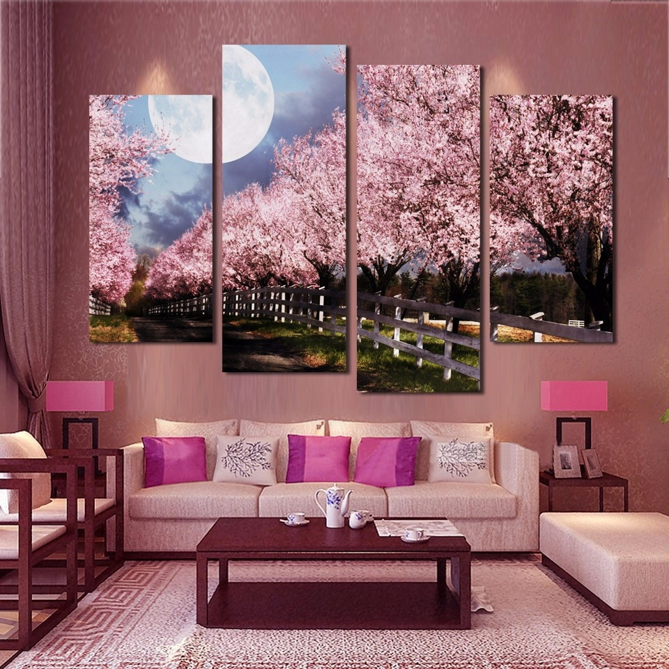 Purple Wall Decor Living Room
 Wall Art Canvas Painting Decor 4 Panels Pink Purple Trees