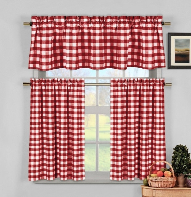 Red Valance Curtains For Kitchen
 Red White Gingham Checkered Plaid Kitchen Tier Curtain
