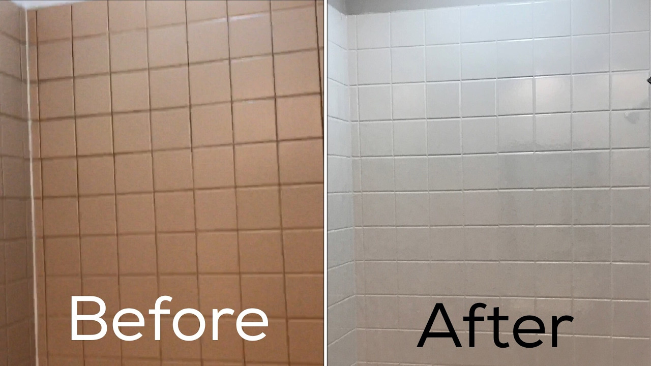 Repainting Bathroom Tiles
 Refinishing ceramic tile in my bathroom before and after