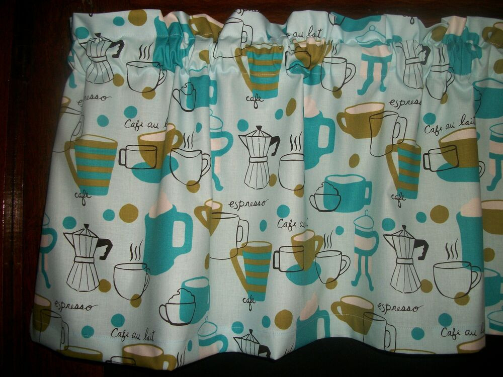 Retro Kitchen Curtains
 Valance Retro Turquoise Olive Green Coffee Cup Espresso