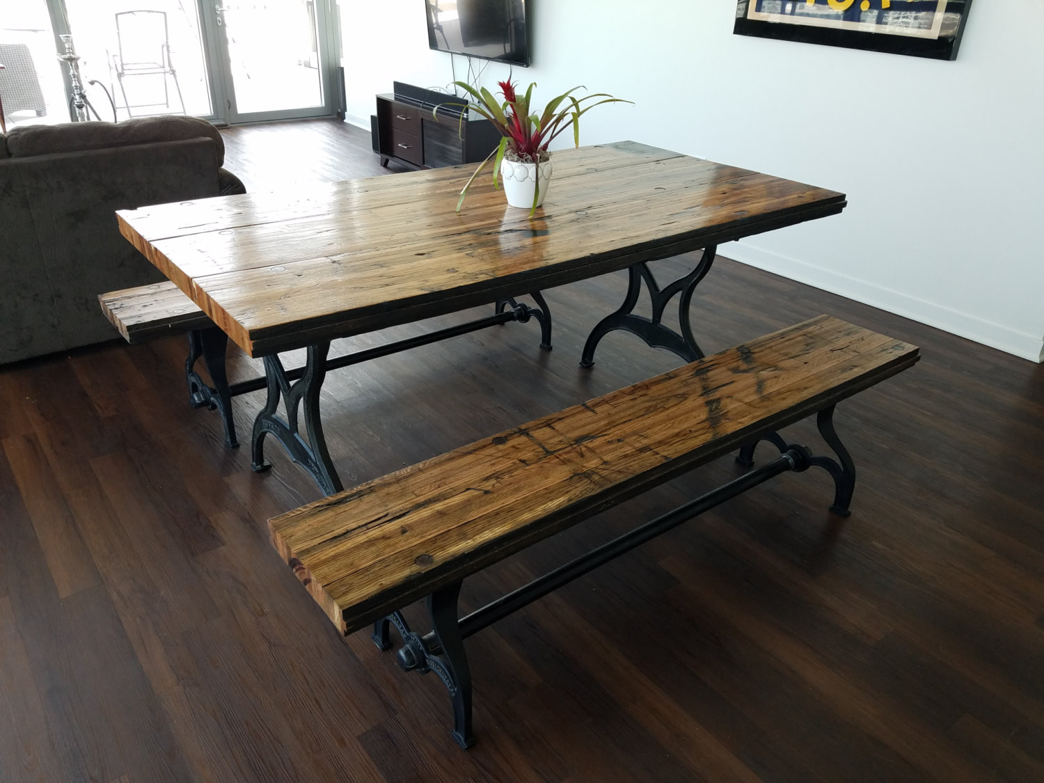 Rustic Kitchen Bench
 Reclaimed Oak Boxcar Plank Table with benches Recycled