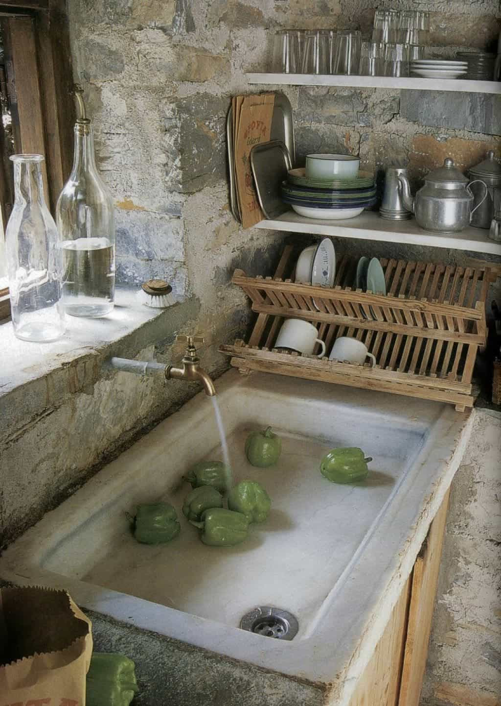 Rustic Kitchen Sink
 Provence Rustic Kitchen With Open Shelves And Stone Walls