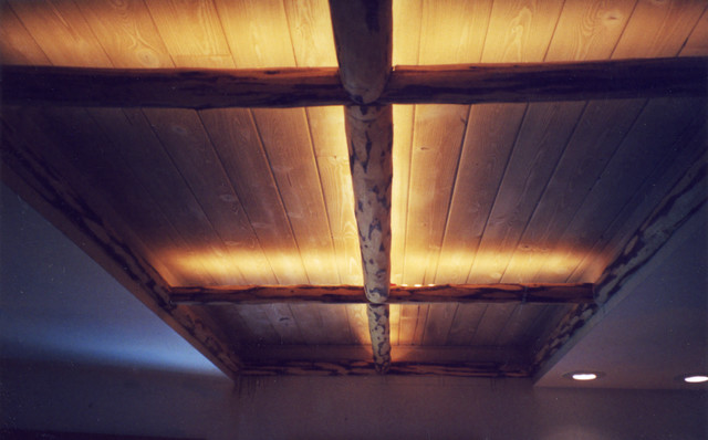 Rustic Living Room Ceiling Lighting
 Hallway ceiling with LED edge glow lighting behind cut log