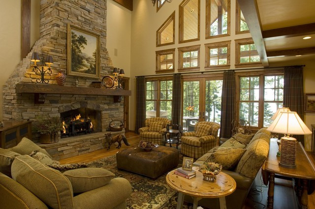 Rustic Living Room With Fireplace
 Great Room Rustic Living Room Minneapolis by