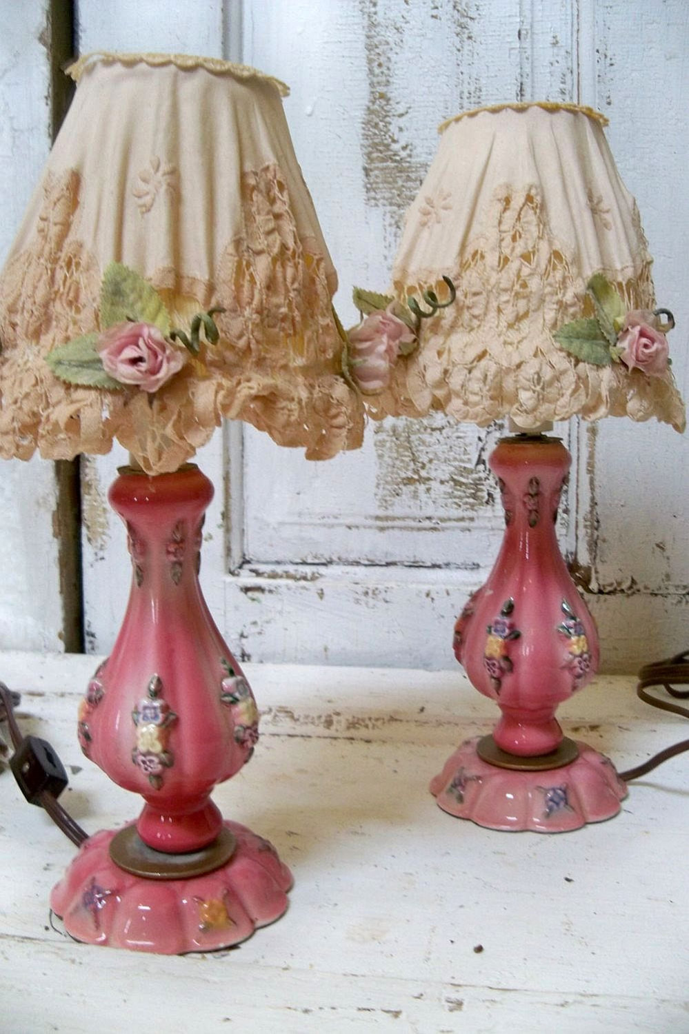 Shabby Chic Bedroom Lamp
 Shabby chic pink lamp set with embellished shades vintage