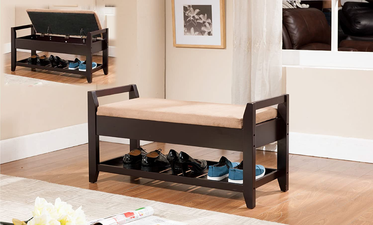 Shoe Storage Bench With Cushion
 Kings Brand Espresso Finish Wood Shoe Storage Bench With