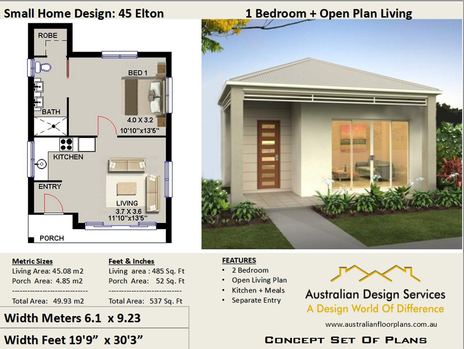 Small 1 Bedroom House
 Small House Plan 45 Elton 537 Sq Foot 45 93 m2 1 Bedroom