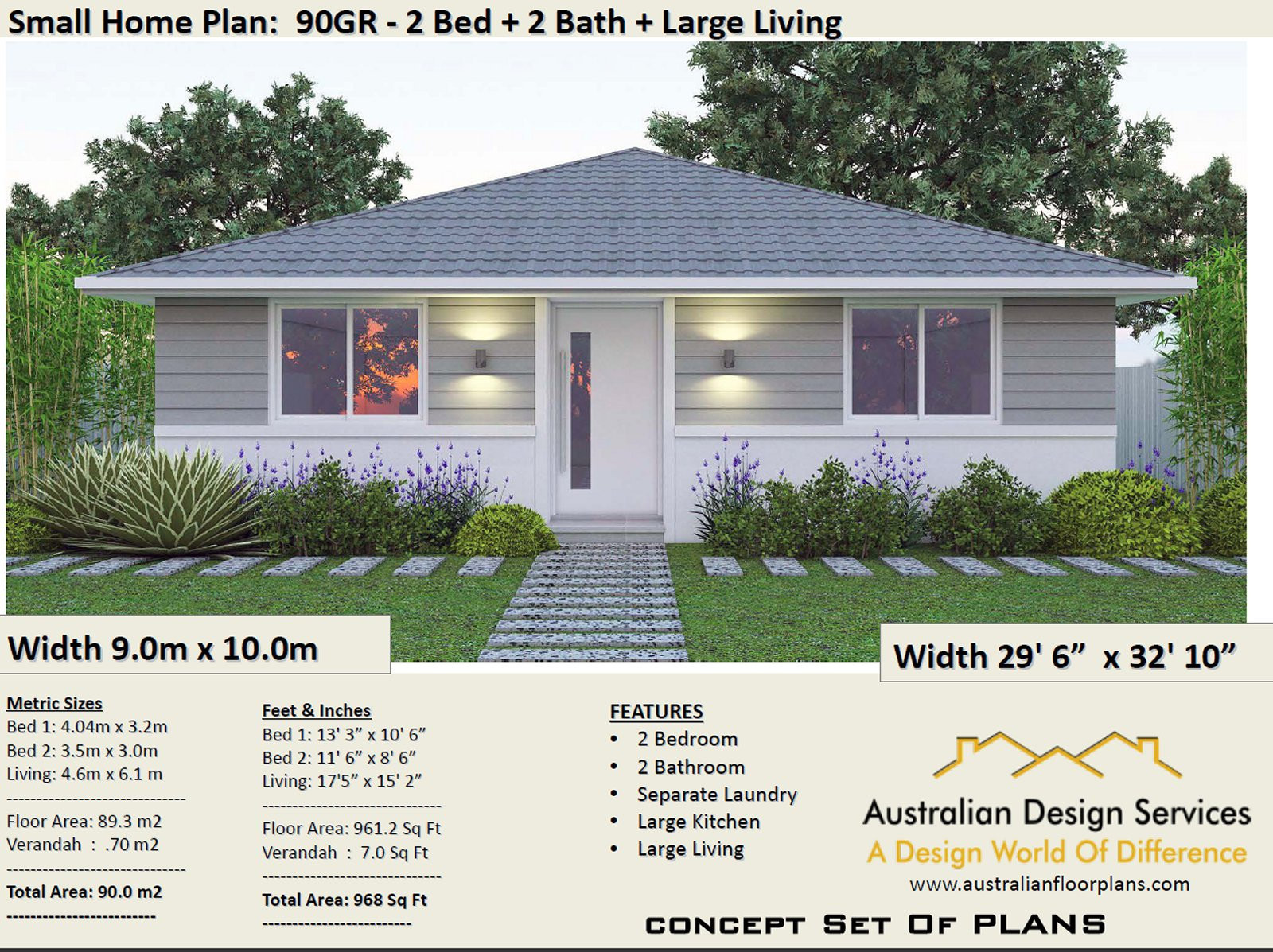 Small 2 Bedroom House
 2 Bedroom House Plan 968 sq feet or 90 m2 2 small home