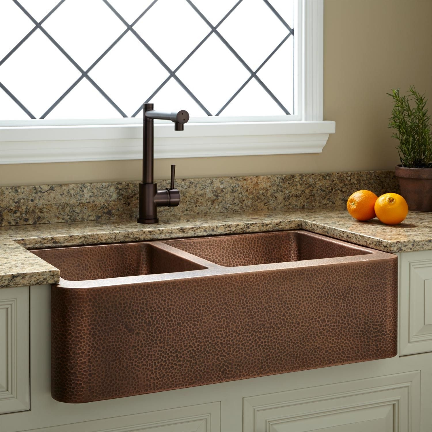 Small Double Kitchen Sink
 33" Hammered Copper 60 40 fset Double Bowl Farmhouse