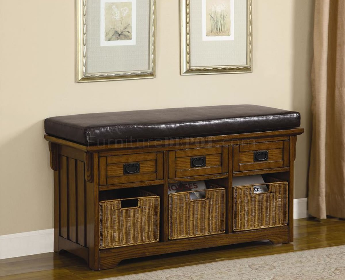 Storage Bench With Cushion
 Oak Finish Stylish Storage Bench w Black Cushion