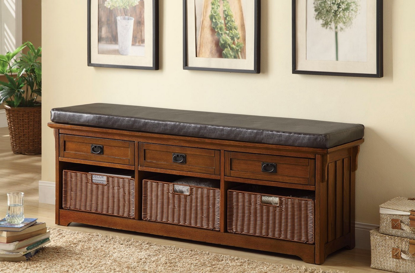 Storage Bench With Cushion
 Dark Brown Upholstered Oak Bench With Basket Drawers