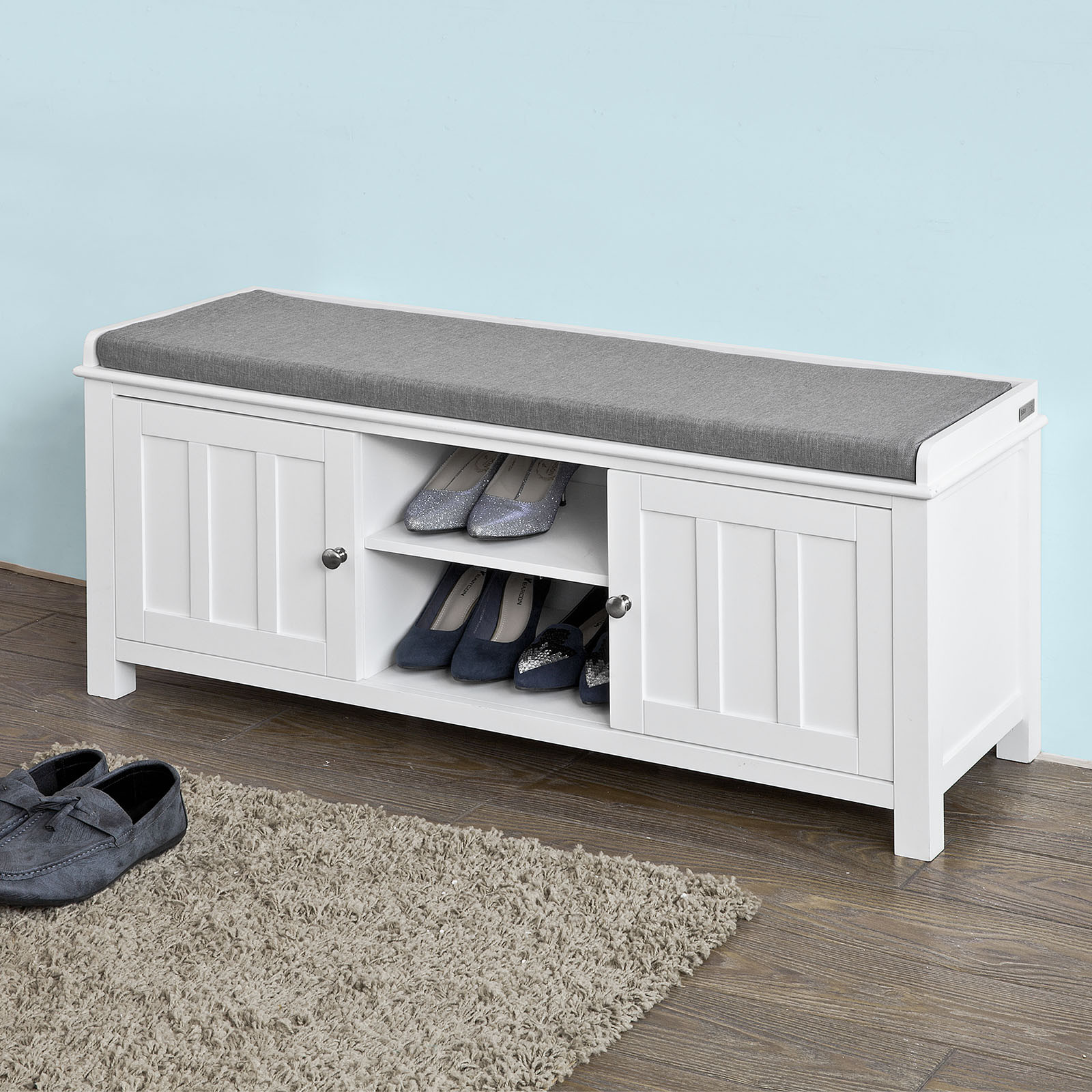 Storage Bench With Doors
 Haotian White Storage Bench with 2 Doors & Removable Seat