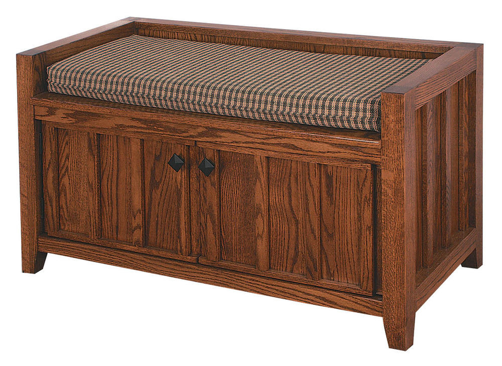 Storage Bench With Doors
 Amish Mission Solid Wood Bench Upholstered Cushion Bedroom