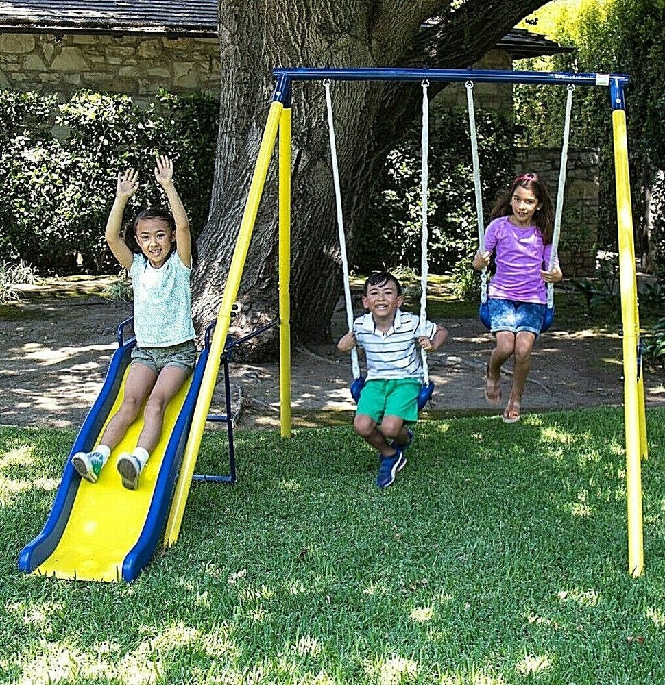 Swing For Kids
 Swing Set Playground Metal Outdoor Play Slide Kids