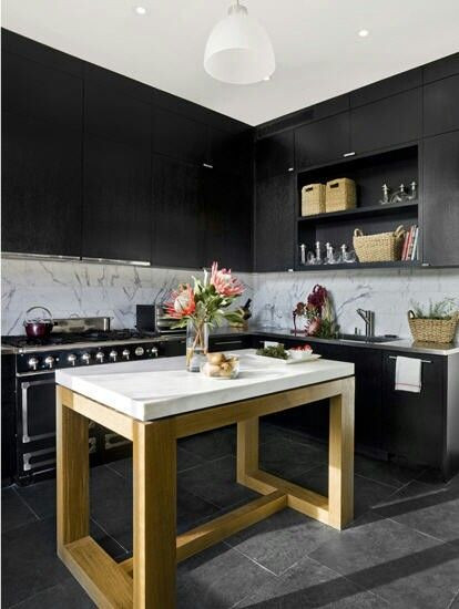 Tall White Kitchen Table
 Like black joinery and white marble like splashback