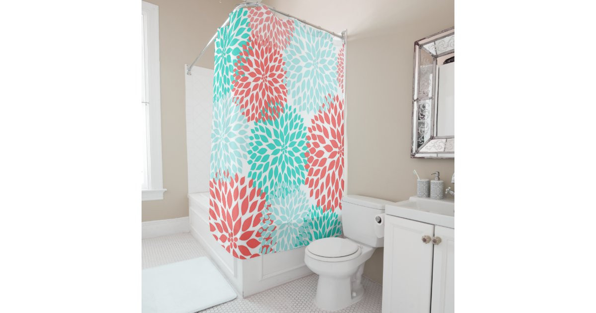 Teal Bathroom Decor
 Coral Teal Seafoam Floral bathroom decor Shower Curtain