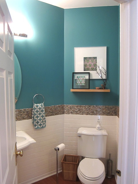Teal Bathroom Decor
 Transitional Eclectic Tropical Powder Room