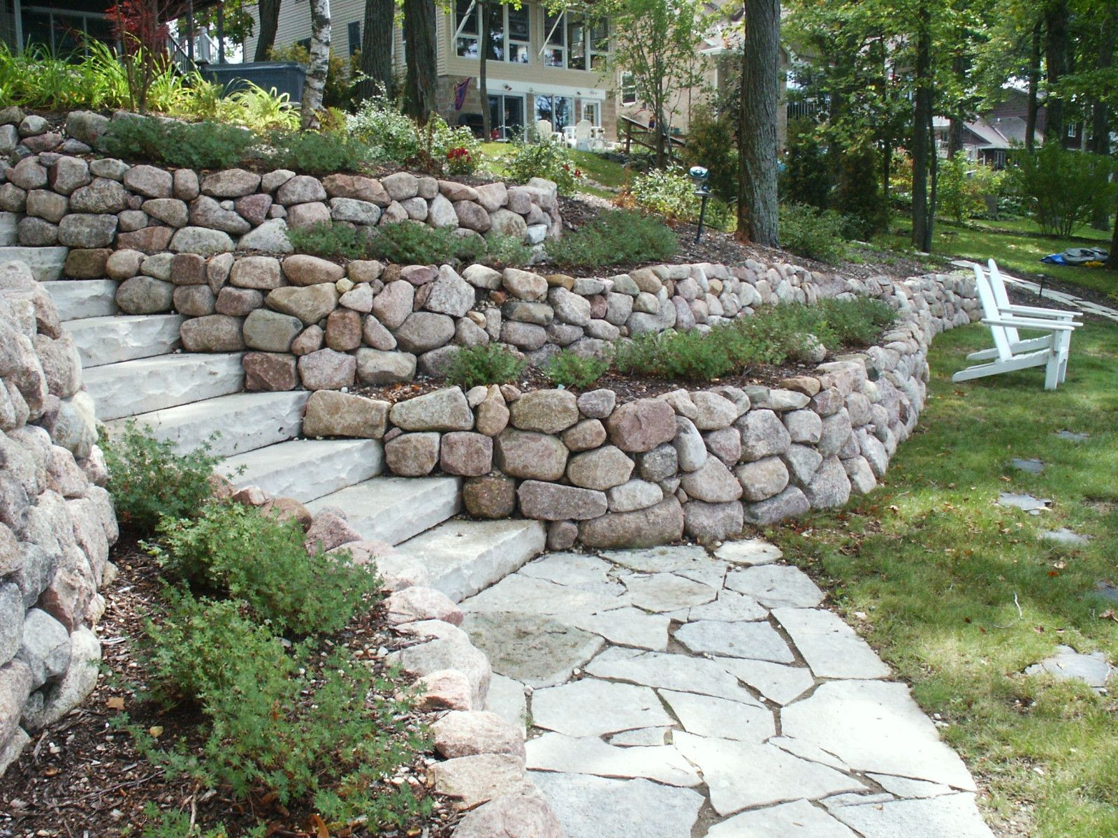 Terrace Landscape With Boulders
 Retaining Walls and Outcroppings Treetops Landscape