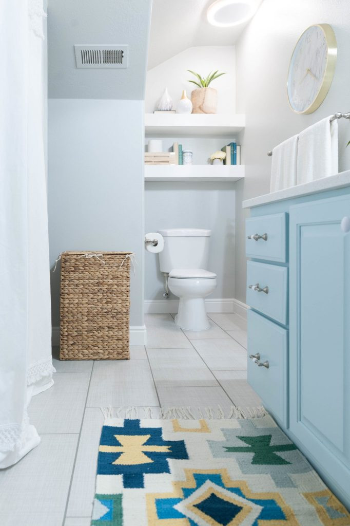 Turquoise Bathroom Decor
 Kids’ Bathroom remodel with pops of light turquoise