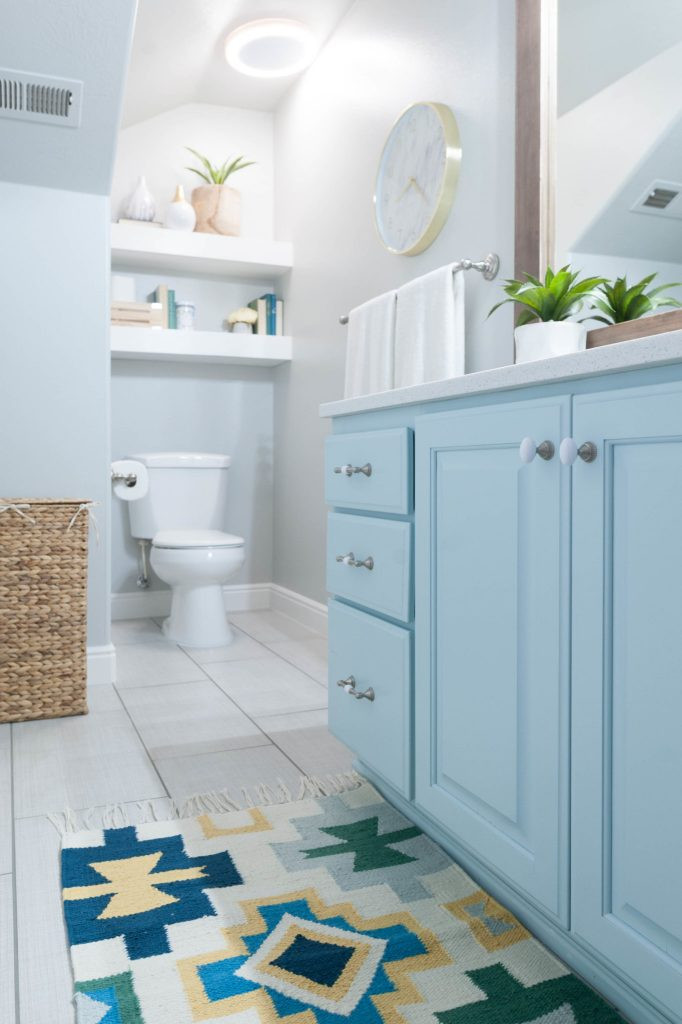Turquoise Bathroom Decor
 Kids’ Bathroom remodel with pops of light turquoise