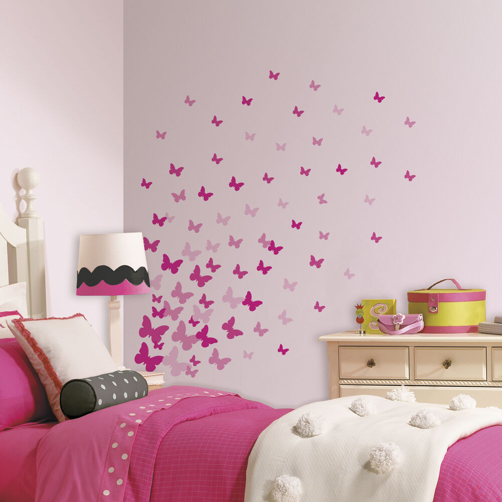 Wall Art For Girls Bedrooms
 75 New PINK FLUTTER BUTTERFLIES WALL DECALS Girls