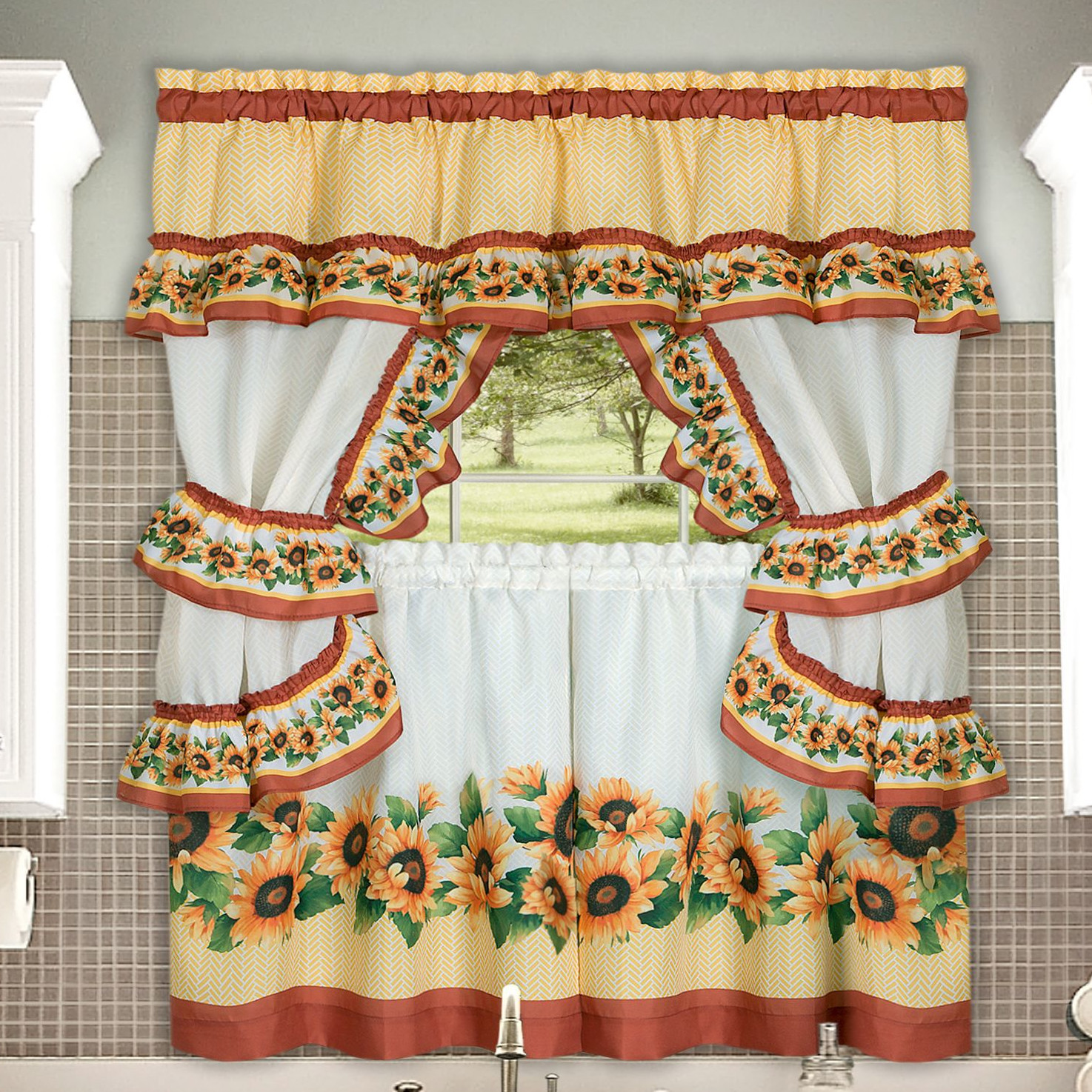 Walmart Kitchen Curtains Valances
 Chevron Sunflower plete Kitchen Curtain Tier Swag