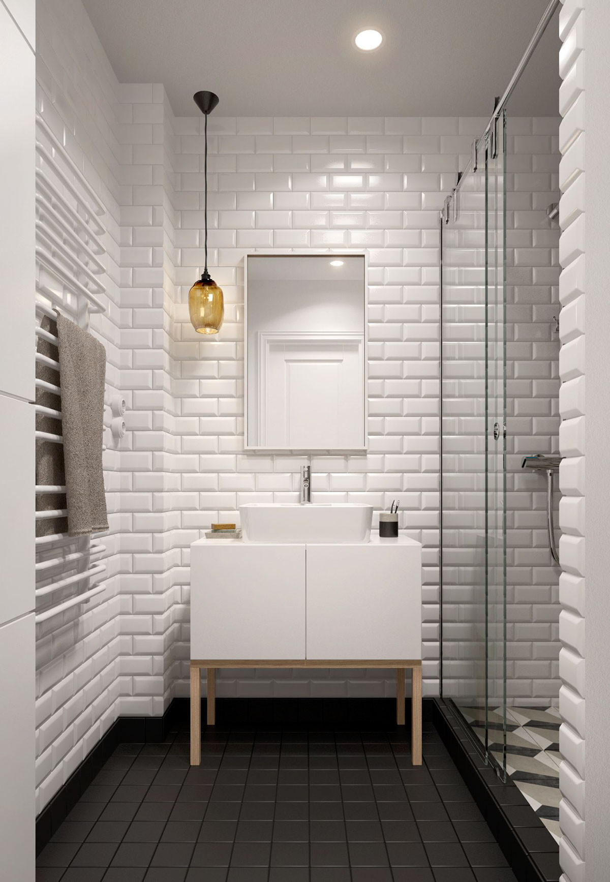 White Bathroom Tiles
 A Midcentury Inspired Apartment with Scandinavian Tendencies