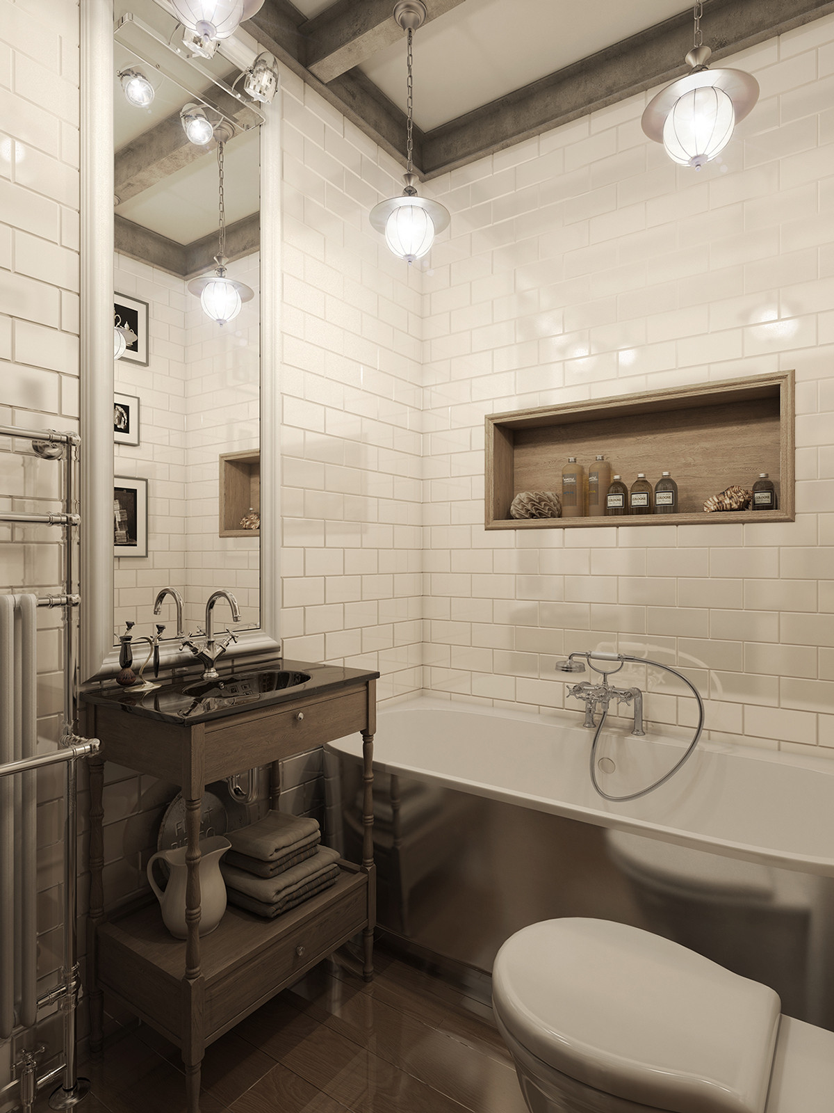 White Bathroom Wall Tiles
 Three Dark Colored Loft Apartments with Exposed Brick Walls
