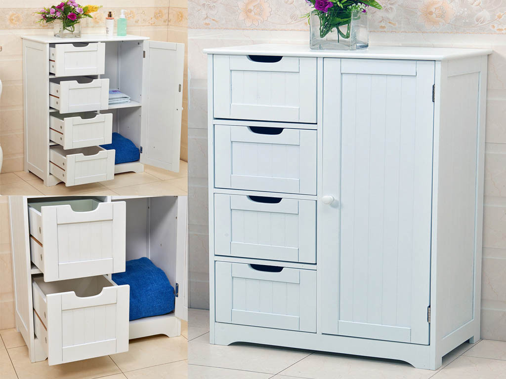 White Bedroom Cabinet
 NEW WHITE WOODEN CABINET WITH 4 DRAWERS & CUPBOARD STORAGE