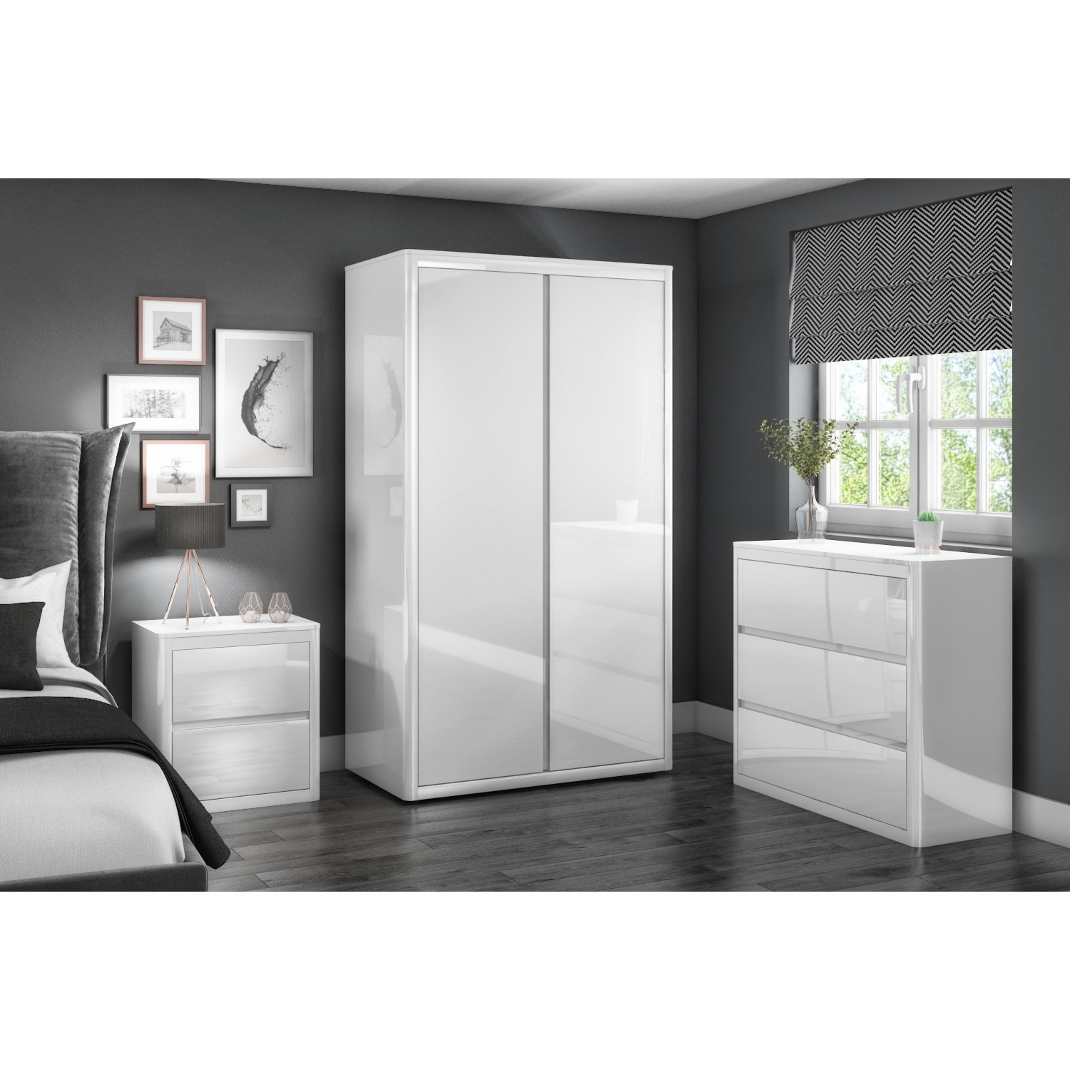 White Bedroom Cabinet
 White High Gloss Wide Chest of Drawers 3 Drawer Bedside