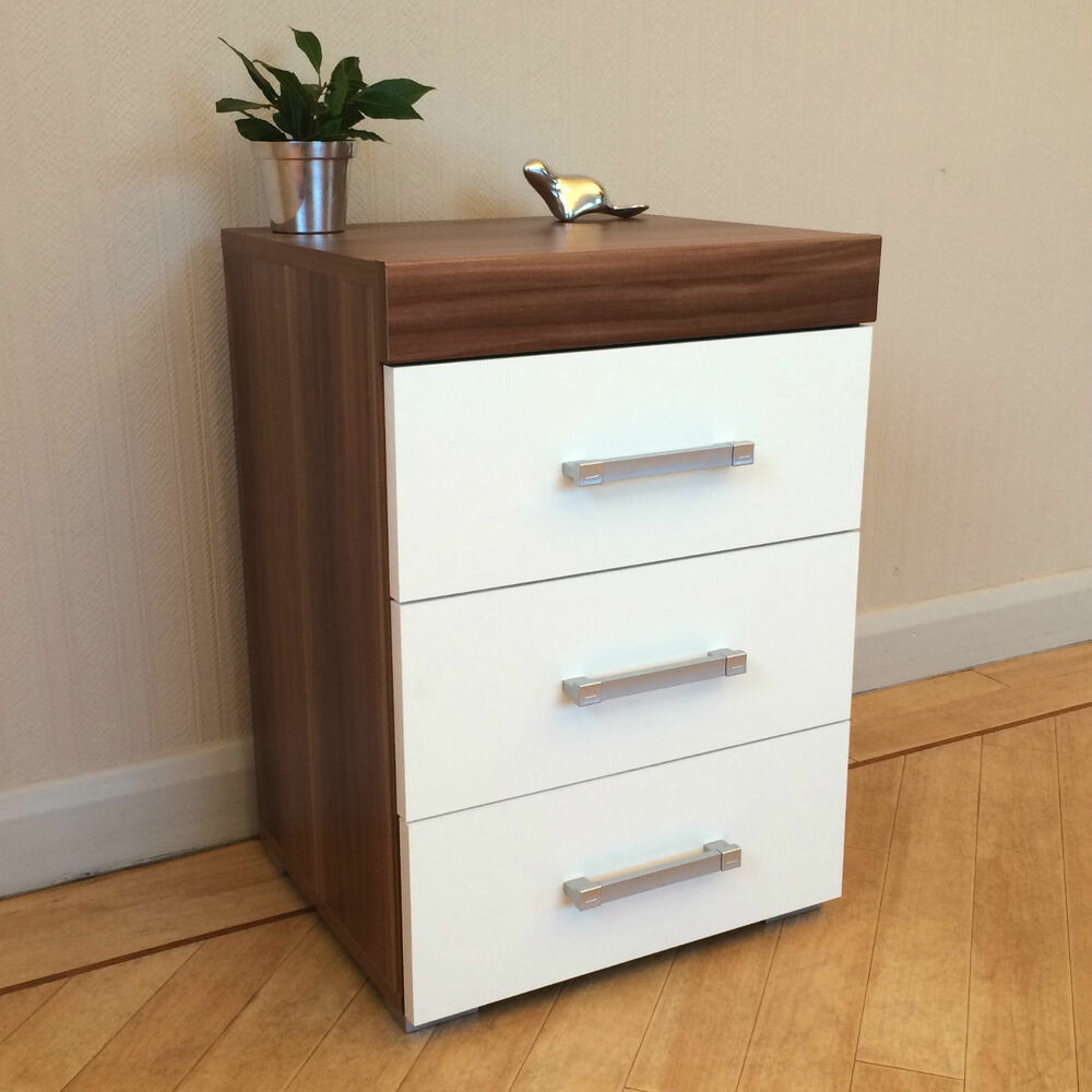 White Bedroom Cabinet
 3 Drawer White & Walnut Bedside Cabinet Table 3 Draw
