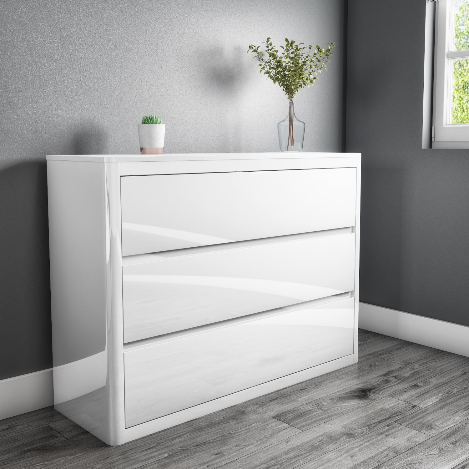 White Bedroom Cabinet
 White High Gloss Wide Chest of Drawers 3 Drawer Bedside