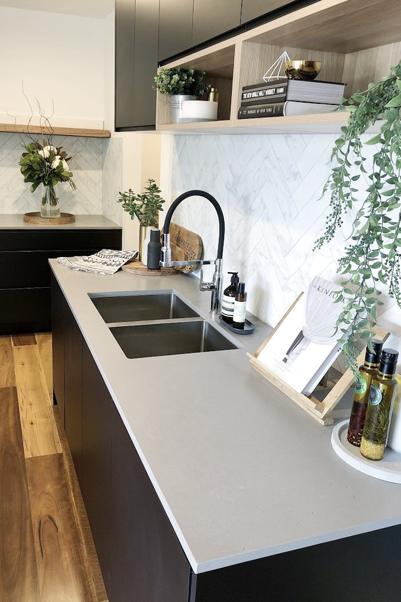 White Kitchen Bench
 Matte black and timber accent kitchen Style Curator