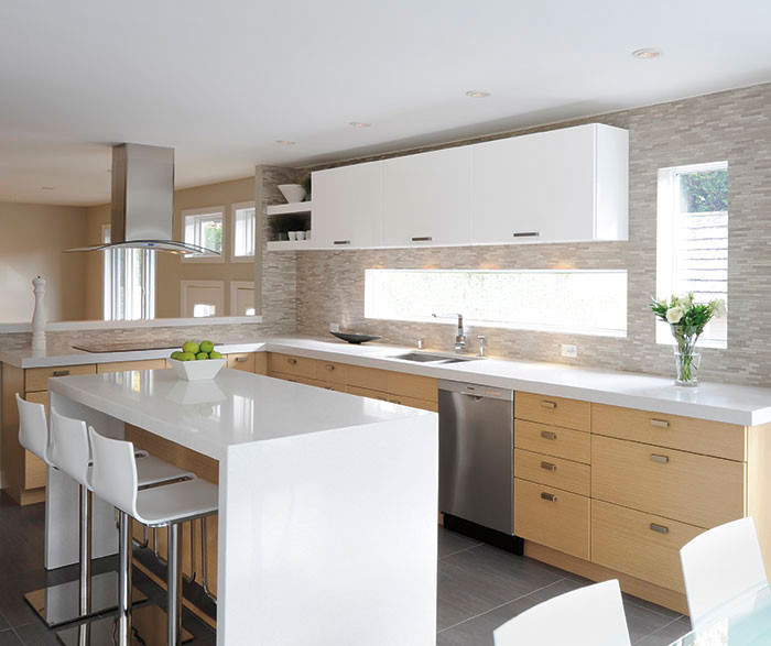 White Oak Kitchen Cabinets
 White oak cabinets with gloss white accents Ceramic Tile