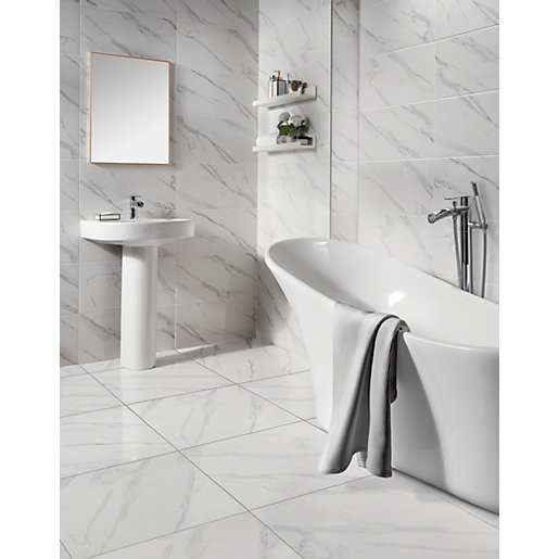 White Porcelain Tile Bathroom
 Wickes Calacatta Gloss White Marble Effect Glazed