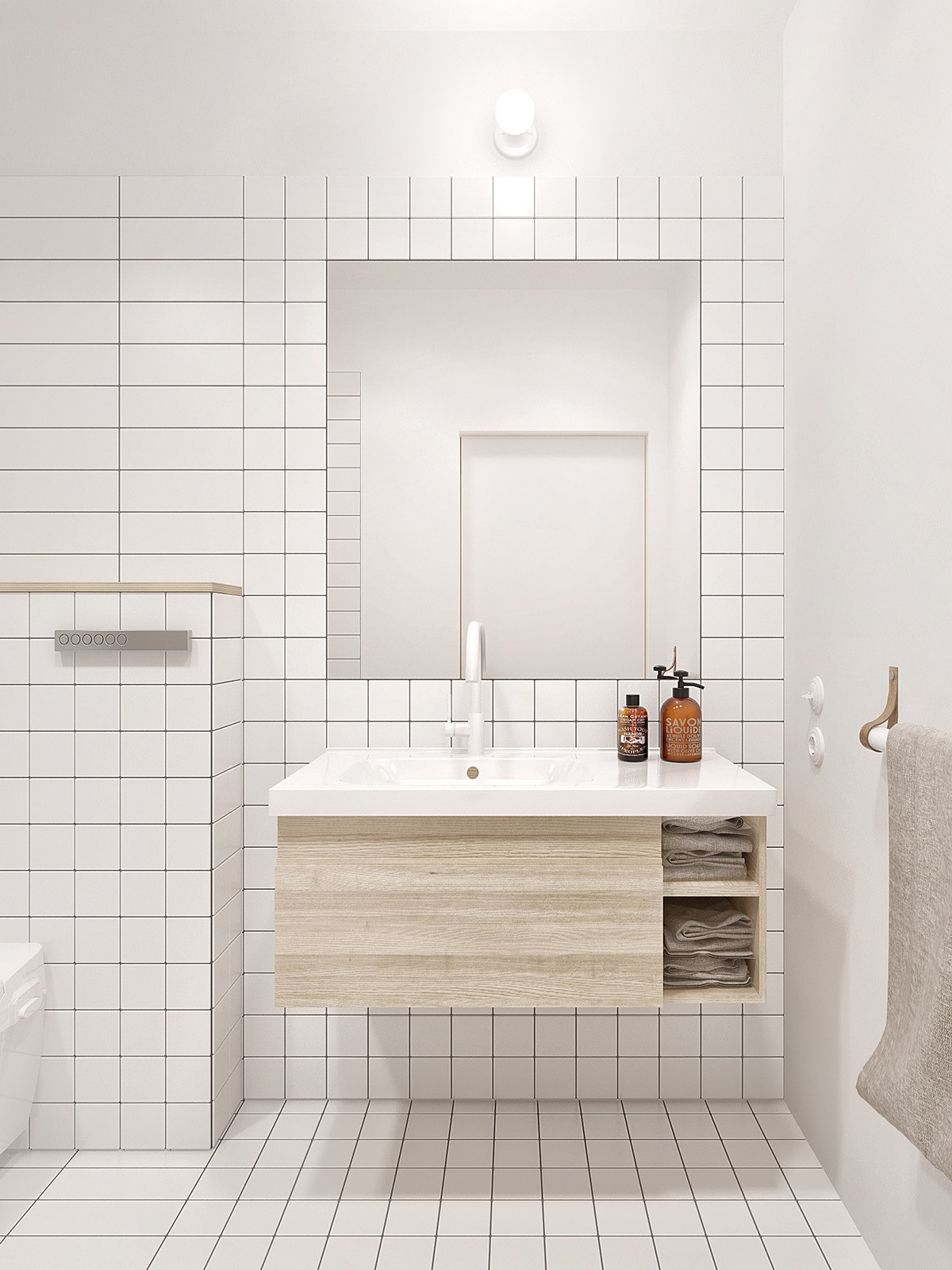 White Tile Bathroom Shower
 Minimalist Apartment for a Family of Four