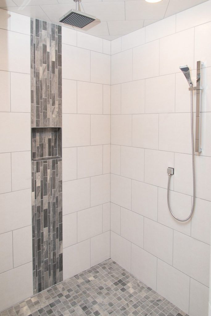 White Tile Bathroom Shower
 White Tiled Shower Warm Grey Tiled Accent