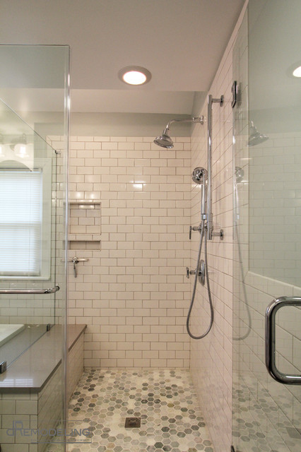 White Tile Bathroom Shower
 White Subway Tile Walk in Shower Transitional Bathroom